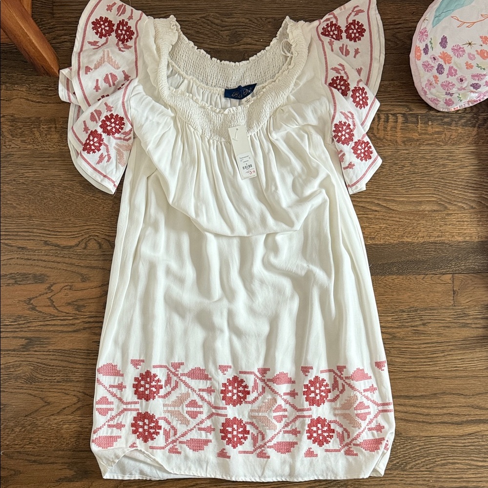 NWT Blue Rain White and Red Embroidered Mini Dress